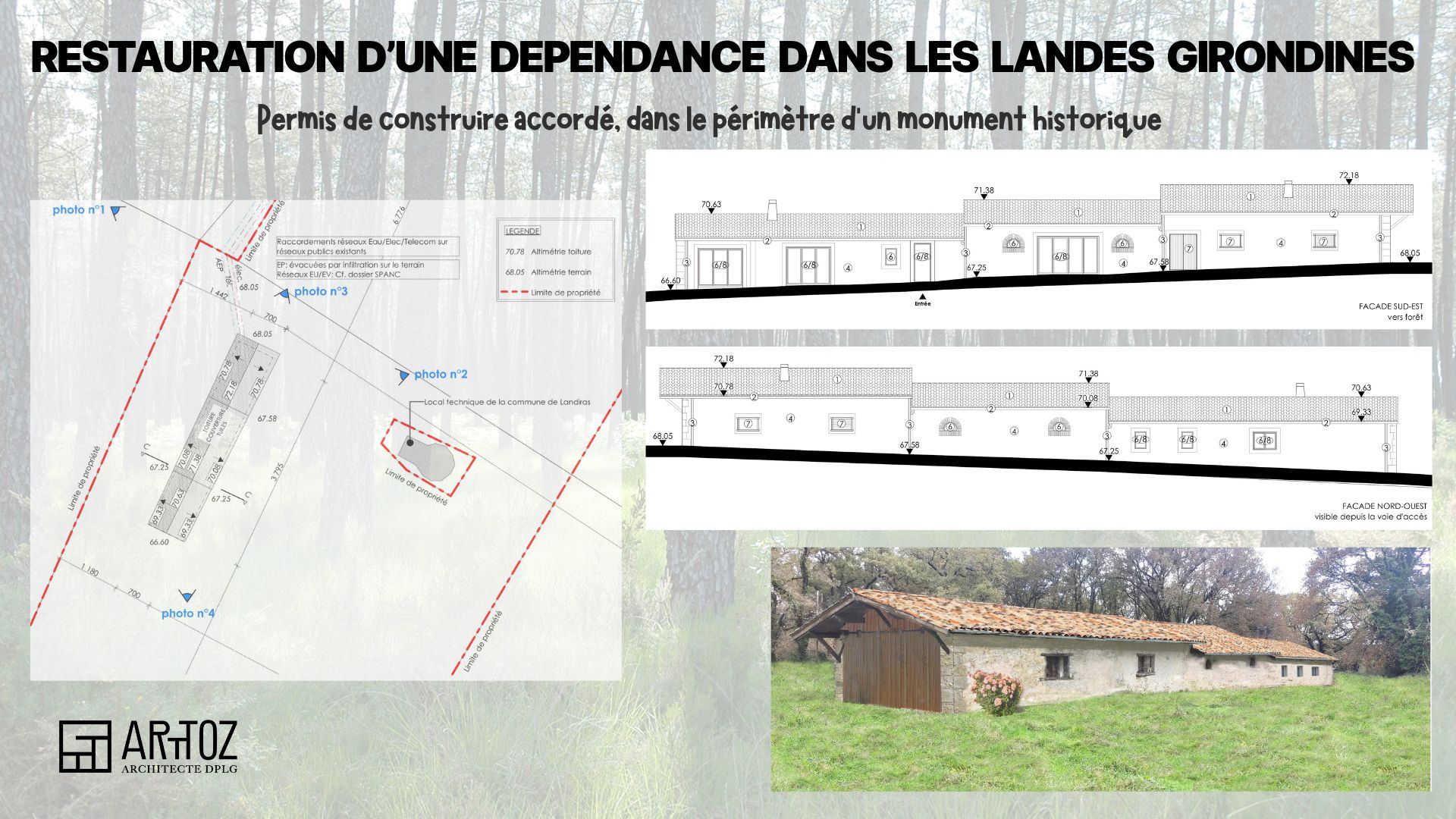 Planche de présentation du projet : Restauration d'une dépendance, Landes girondines.